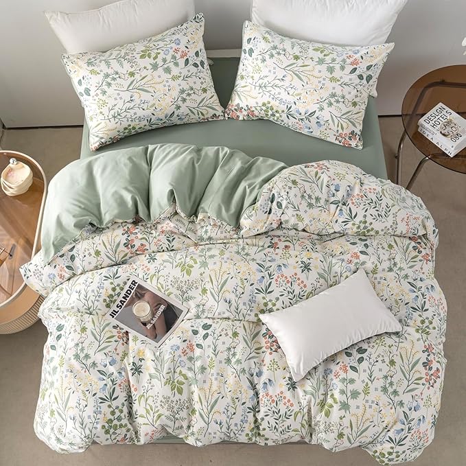 Mixinni Sage Green Floral Duvet Cover Set - Soft Cotton Cute Wildflower Green Leaves Print, Full Size, 1 Duvet Cover and 2 Pillowcases with Zipper & Ties