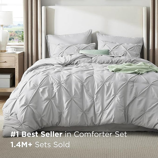 Bedsure Twin XL Comforter Set - Extra Long 5 Pieces Dorm Bedding Sets, GentleSoftโข Pinch Pleat Light Grey Bed in a Bag with Pintuck Comforter, Sheets, Pillowcase & Sham