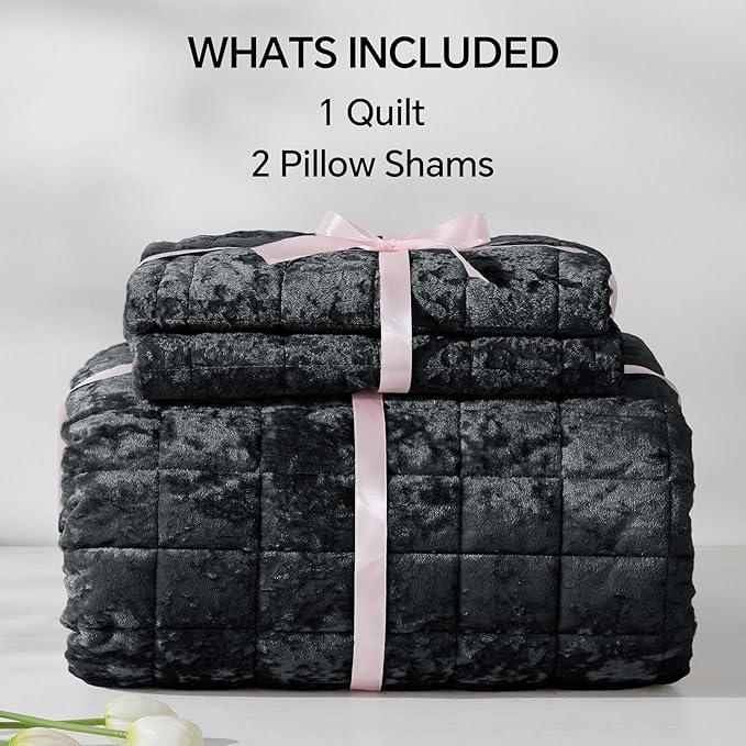 BEDELITE Velvet Quilt Set Queen Size - Luxury Velvet Comforter Bedding Set 3 Pieces, Lightweight Soft Cozy Shiny Black Oversized Bedspread Coverlet for All Seasons with 2 Pillow Shams
