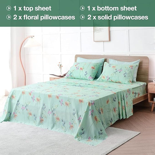 JSD Green Floral Queen Sheet Set 6 Piece, Soft Boho Printed Microfiber Bed Sheets Extra Deep Pocket, Oeko-TEX Certified