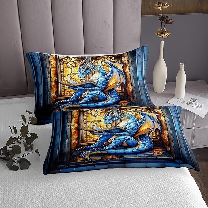 Western Dragon Kids Bedspread Queen Size,Blue Dragon Reading Book Bookshelf Coverlet Set,Boys Girls Room Decor,Geometric Patchwork Abstract Quilted Coverlet,Trippy Chic Bedding Quilt,2 Pillowcases