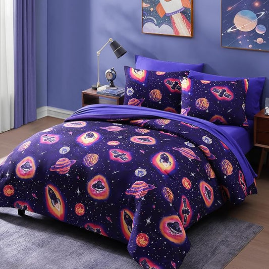 Full Kids Comforter Set - 7 Pieces Full Bedding Sets for Boys Teen, Outer Space Rocket Bed in A Bag with Sheets