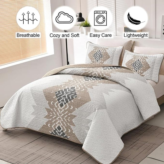 Dintszyayue Full Size Quilt Set Boho,3 Piece Khaki Aztec Texture Bedspread Coverlet Set Soft Lightweight Bedding Set Geometric Bohemian Bedspread with 2 Pillowcases(Khaki,78"x90")