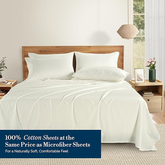 Casa Platino Sheets for King Size Bed – 100% Cotton Sheet Set King Crisp Percale Weave with 4 Pillowcases, with 15" Deep Pocket Fitted Sheet for Secure Fit, Ultra Soft & Breathable – Sandora