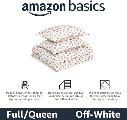 Amazon Basics Lightweight Microfiber Comforter Set, 3-Piece, Full/Queen, Off White Floral