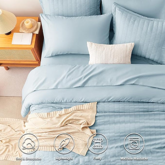 CozyLux Full Size Comforter Sets with Sheets 7 Pieces, Light Blue Seersucker Bed in a Bag Textured Luxury Soft Bedding Set with Down Alternative Comforter, Sheets, Pillowcases & Shams for All Seasons