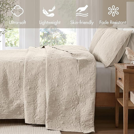 Madison Park Quebec Full Size Quilt Bedding Set - Ivory , Damask – 3 Piece Bedding Quilt Coverlets – Ultra Soft Microfiber Bed Quilts Quilted Coverlet