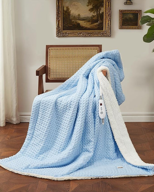 CAROMIO Heated Blanket Twin Size, Waffle Weave Electric Throw Blanket Fast Heating with LCD Controller, 10 Heat Levels & 1-12H Time Settings Auto Off, ETL Certified, Light Blue, 62" x 84"