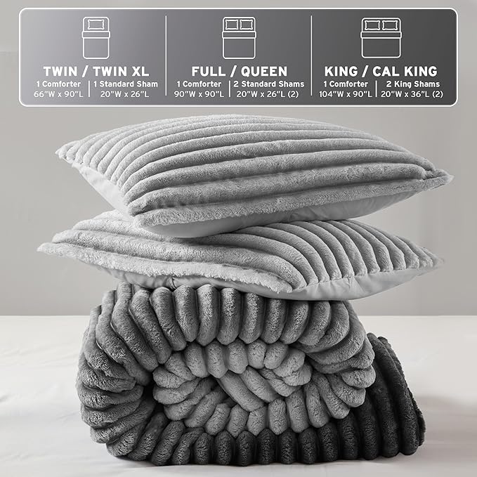 Intelligent Design Queen Comforter Set, Plush Bedding, Microfiber Reverse, 3 Piece, Lightweight, Super Soft Ribbed Velvet Comforter 2 Shams, All Season Fluffy Bed Set, Avril, Full/Queen Grey Ombre
