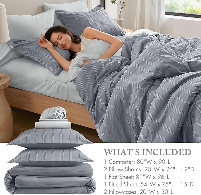 Madison Park Essentials Striped Comforter Set Full, 7 Pieces Modern Minimalist Jacquard Bedding Set for All Season, Bed in A Bag with Sheet Set and Soft Brushed Reverse, Lightweight Blue/Grey