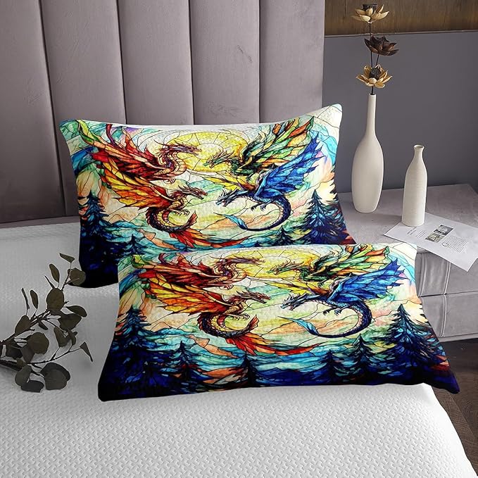 Western Dragon Men Bedspread Twin Size,Flying Dragon Wing Pine Trees Rustic Coverlet Set,Boys Girls Room Decor,Geometric Patchwork Abstract Quilted Coverlet,Blue Trippy Bedding Quilt,1 Pillowcase