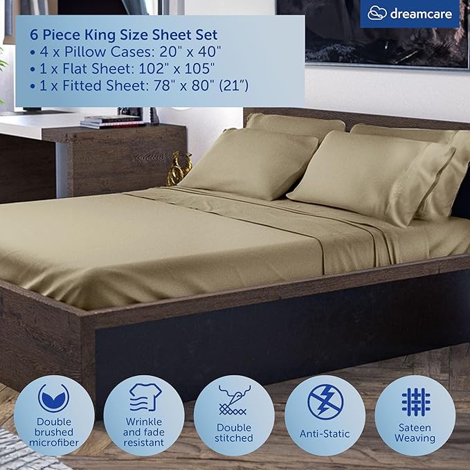 DREAMCARE King Size Sheets Set – 6 pcs Cooling Bed Sheets – up to 21” Deep Pocket King Sheet Set - 2500 Supreme Collection -Extra Soft 100% Brushed Microfiber Hotel Luxury with Side Pocket, Eucalyptus