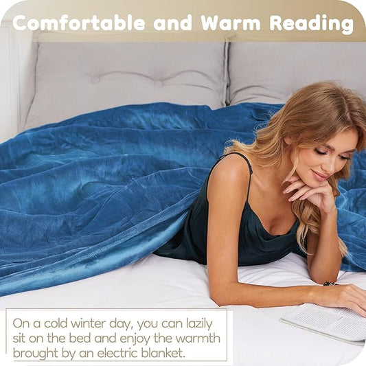 Electric Heated Blanket Throw Size 50"×60", Breathable & Luxurious Flannel, Soft Warm Gift with Over-Heat Protection, 4 Heating Levels & 3 H Auto Shut Off, Machine Washable, Lake Blue