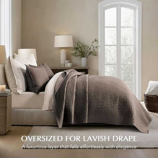 EVERGRACEHOME Cotton Sateen Quilt Set Queen Size, Pre-Washed Cotton Channel Stitch Coverlet Bedspread, 3 Pieces Lightweight Soft Bedding Sets for All Season, with 2 Pillow Shams, Mocha Brown