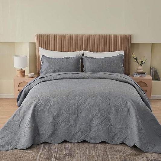 Kingnex Exta Wide Oversized King Bedspreads 128x120 for Tall King or Cal King Bed Ultrasonic Quilted Coverlet Set 3 Piece Include 1 Quilt 2 Pillowcases Grey