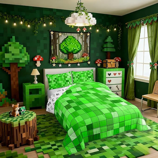 Manfei Geometric Grid Kids Comforter Set Twin Size,Patchwork Square Video Games Bedding Set Boys Room Decor,Gradient Gaming Quilt Comforter,Green Duvet Set Bedroom Quilt Set,1 Pillowcase