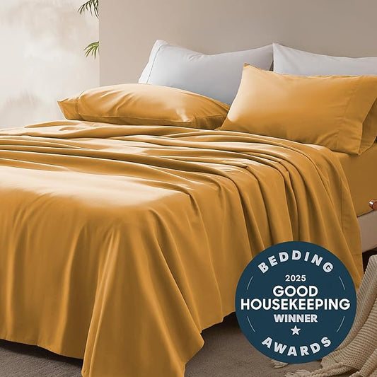 SLEEP ZONE Nanotex Super Soft Cooling Full Size Bed Sheets Set 4 Piece - Easy Care Fitted Flat Sheet & Pillowcase Sets - Wrinkle Free, Fade Resistant, Deep Pocket 16" (Dull Yellow, Full)