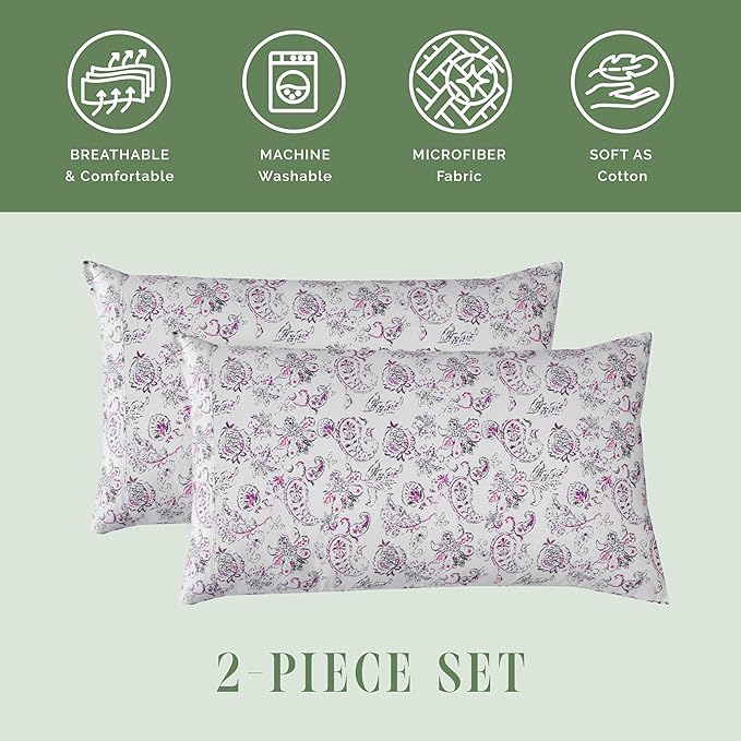 Elegant Comfort Ultra Soft Set of 2 Floral Print Pillowcases - 1500 Premium Hotel Quality Microfiber, Soft and Smooth Envelope Closure 2-Piece Pillow Covers - King, Paisley Purple