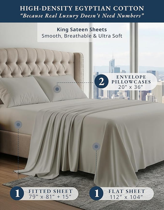 100% Egyptian Cotton Sheets King Size - Naturally Cooling & Breathable 4 Piece Silky Sateen Weave King Size Sheets Set, Ultra-Soft & Durable Hotel Luxury Sheets with 15" Snug Fit Deep Pockets - Silver