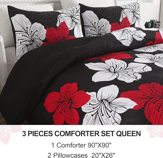 Menghomeus Black Comforter Set Queen Red and White Floral Comforter with 2 Pillowcases Modern Bedding Sets Lightweight Bed Set for All Season