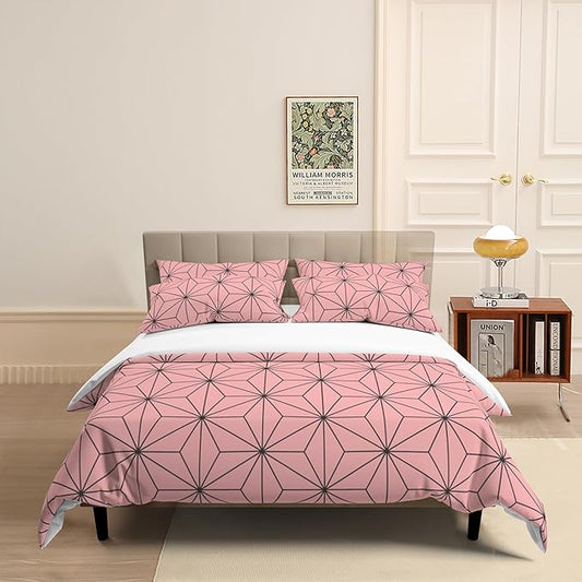 INFLAG Anime Bedding Set - Soft Brushed Microfiber 90x90 Inches Duvet Cover Set, 3 Piece, 1 Duvet Cover with Zipper Closure and 2 Pillow Shams (Queen,Pink)