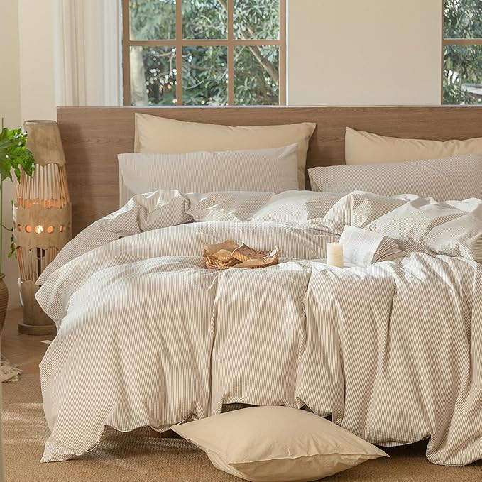 MooMee Striped Duvet Cover Set 100% Washed Cotton Linen Like Textured Breathable Durable Soft Comfy (Tannish Linen Grey White Pinstripes, Oversized Queen 98"x98")