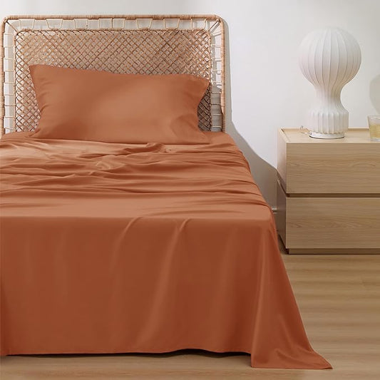 Bedsure Cooling Sheets Twin XL, Rayon Derived from Bamboo, PureWoven, Breathable & Soft Twin XL Sheet Sets, Deep Pocket Up to 16 Inches, Hotel Luxury Silky Dorm Bedding for Hot Sleepers, Burnt Orange