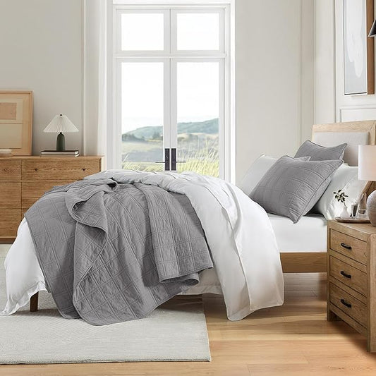 HORIMOTE HOME 100% Cotton Quilt Set King Size, Grey Pre-Washed Bedspreads Coverlet Set in Geometric Pattern, Cozy Lightweight Stitching Decorative Bedding Cover with 2 Shams for All Season