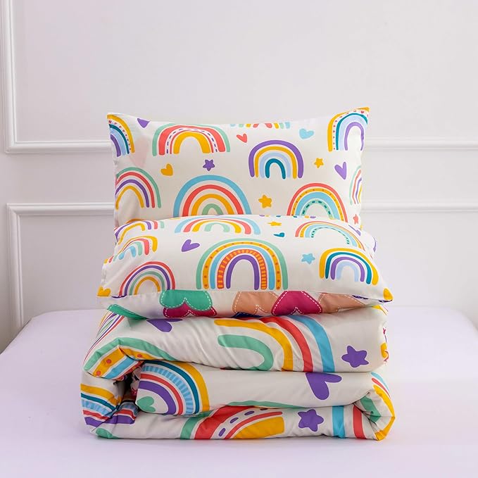 Btargot 3 Piece Kids Rainbow Comforter Set with 2 Pillow Covers, Cartoon Love Hearts Suns and Stars Bedding Set for Girls Boys, Queen Beige
