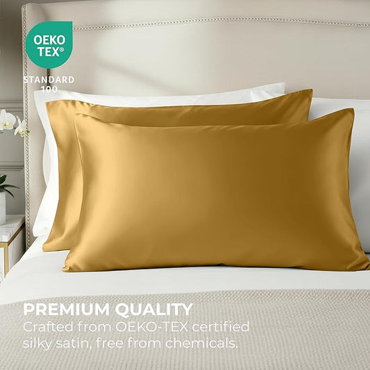 Pure Bedding Satin Pillowcase 2 Pack - King Size (20"x40", Gold) - Silky Pillow Cases for Hair and Skin - Satin Pillow Covers with Envelope Closure - Extra Soft Premium Microfiber