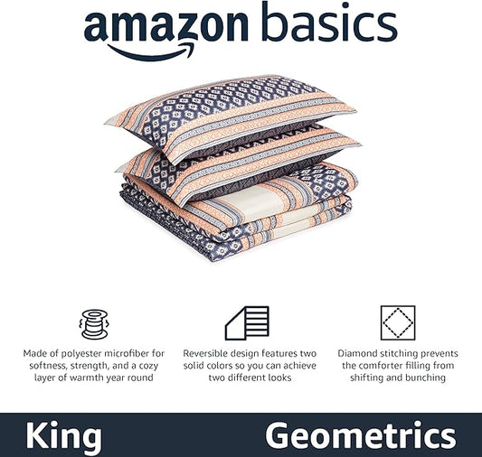 Amazon Basics Lightweight Microfiber Comforter Set, 3-Piece, Gray Geometrics, King