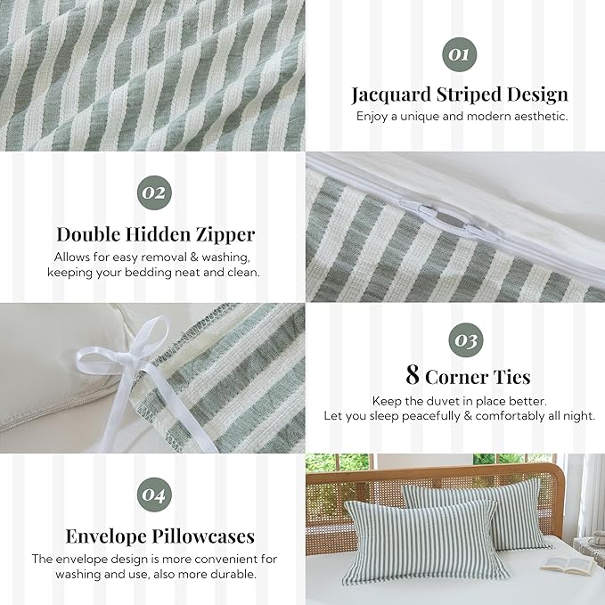 MILDLY Jacquard Stripe Duvet Cover - 100% Washed Cotton Sage Green Textured Spring Comforter Cover 3pcs with Zipper Closure 80"x90"