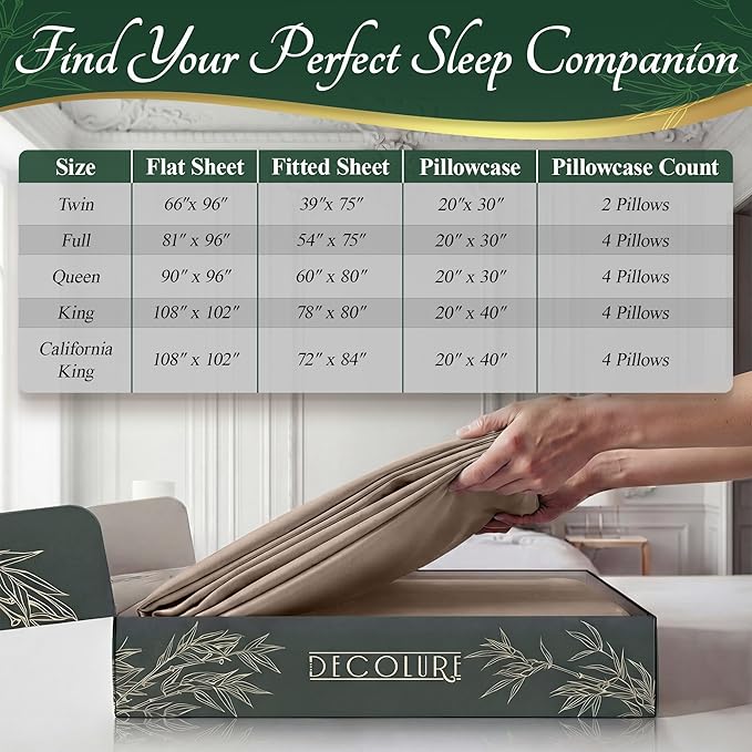 DECOLURE 100% Viscose Derived from Bamboo Sheets Twin Size - Luxury 4 Pc Naturally Cooling Sheets, Ultra Soft Bed Set - Deep 17" Pockets, Durable Double Stitching, Oeko Tex Standard (Taupe)