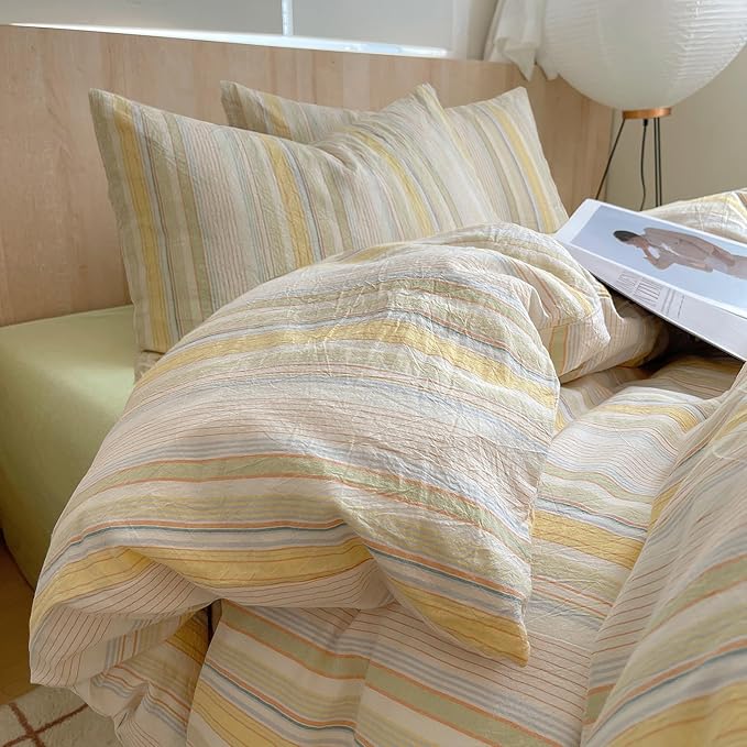 LifeTB Yellow Striped Duvet Cover Set Queen, 100% Washed Cotton Multicolor Stripes Pattern Printed Comforter Cover, 3 Pieces Farmhouse Striped Bedding Set Breathable Duvet Cover Queen Size