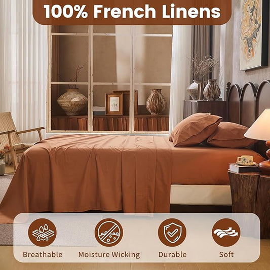 100% Linen Sheets California King Size,Breathable & Durable 4-Piece Bed Flax Sheet Set,Soft All-Season Bedding for Hot Sleepers 16" Deep Pocket Oeko-TEX Certified,(Cal King, Brown)