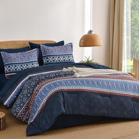 Boho Comforter Set Queen Size,7 Pieces Bohemian Comforter Bedding Set Bed in a Bag,Navy Blue Paisley Floral Comfortet and Sheet Set,Soft Striped Bedding Sets for All Season