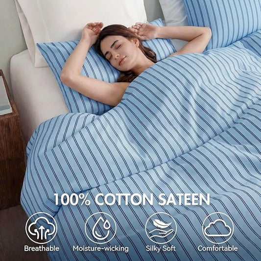 Bedbay Blue Striped Duvet Cover Set King Size, 100% Cotton Sateen Bedding Set, Soft Breathable Hotel-Inspired 3 Piece Duvet Cover for All Seasons