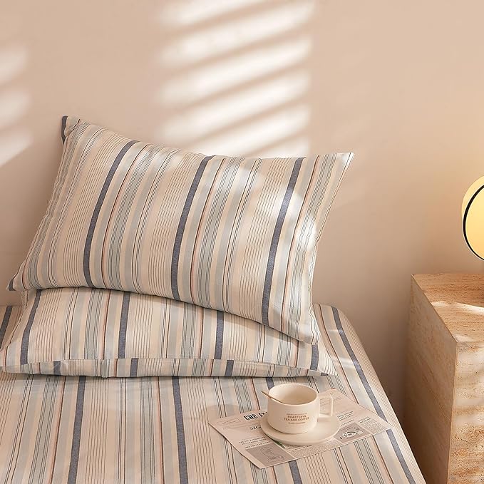 LifeTB Striped Duvet Cover Set Queen, 100% Washed Cotton Blue White Stripes Pattern Printed Comforter Cover, 3 Pieces Striped Bedding Set Comfy Breathable Duvet Cover Queen with 2 Pillowcases