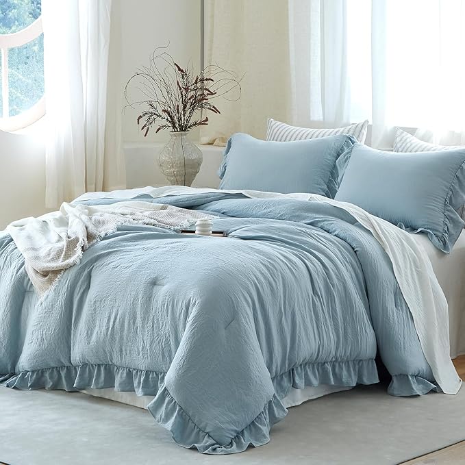 Blue Ruffle Comforter Set King, Pre-Washed Shabby Chic Bedding Set, Lightweight Cottagecore Soft Romantic Cozy 1 Comforter & 2 Shams, All-Season