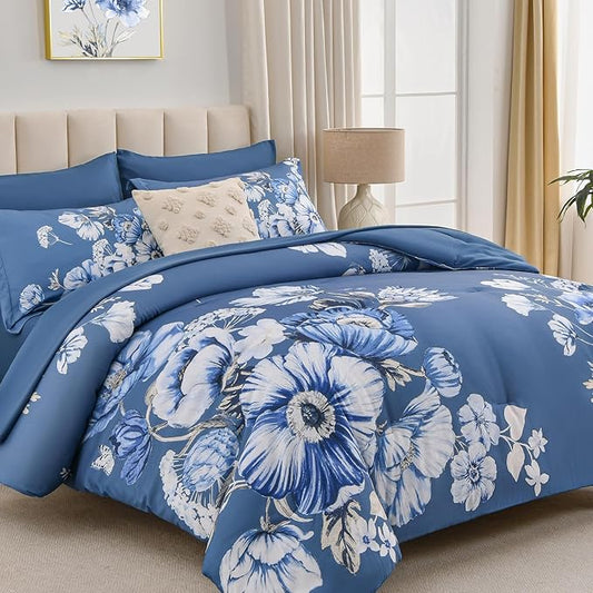 King Size Comforter Set - 7 Pieces Floral Comforter and Sheet Set, Blue King Size Bed in a Bag, Soft Microfiber Flower Complete Bedding Set for All Seasons(Blue,104"x90")
