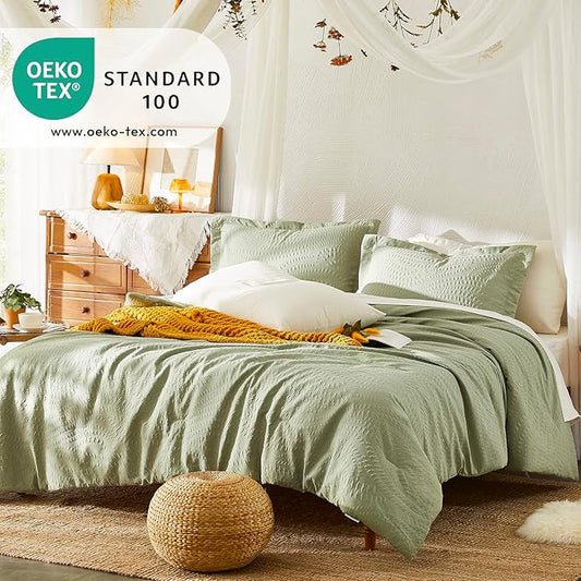 Geniospin Full Size Comforter Set - 7 Pieces Textured Sage Green Bedding Sets, Boho Shabby Chic Comforter Set, All Season Comfortable Bed in a Bag with Comforter, Sheets, Pillowcases & Shams