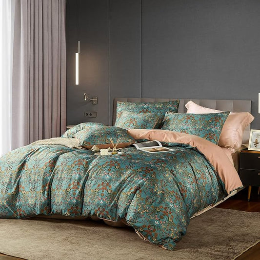 Vintage Style Duvet Cover Set,5 PCS Boho Comforter Cover Set,Paisley Floral Bedding Set,Green Floral Duvet Cover,King Duvet Cover,Soft Reversible Design(Autumn,King/California King)