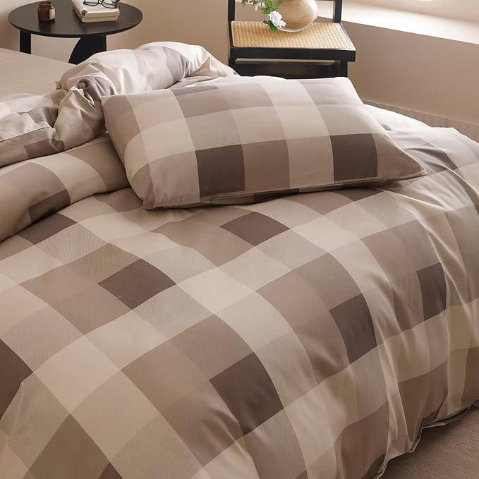 Houseri Coffee Color Plaid Comforter Set Queen Vintage Grid Bedding Sets