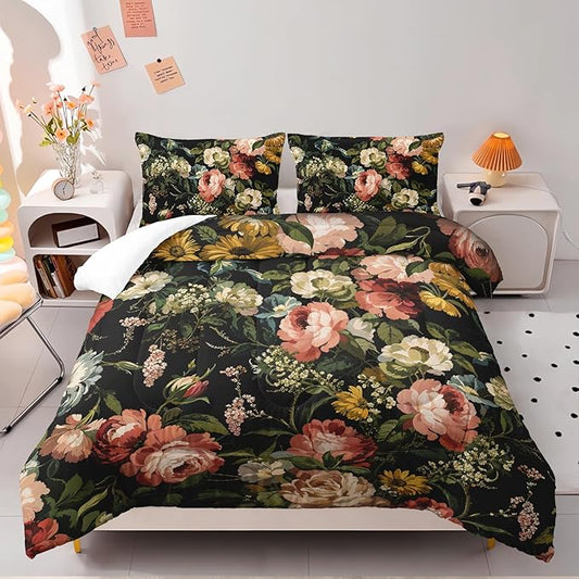 Black Floral Comforter Set Twin Colorful Floral Bedding Sets 3PCS for Kids Teen Adult Flowers Leaves Room Decor Ultra-Soft Lightweight Microfiber 1 Comforter with 2 Pillowcases