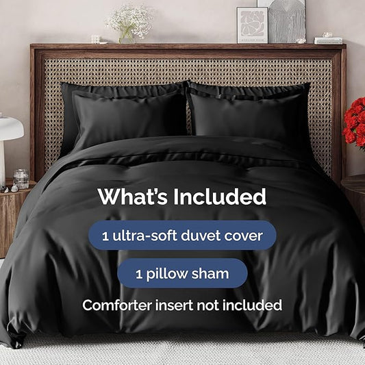 Duvet Cover Twin/Twin XL Size Set - Extra Soft Twin/Twin XL Duvet Cover 68" x 90" with 1 Pillow Sham - Hotel Luxury, Easy Care, Fade Free w/ Zipper Closures & Ties - Comfy, Cozy & Breathable (Black)