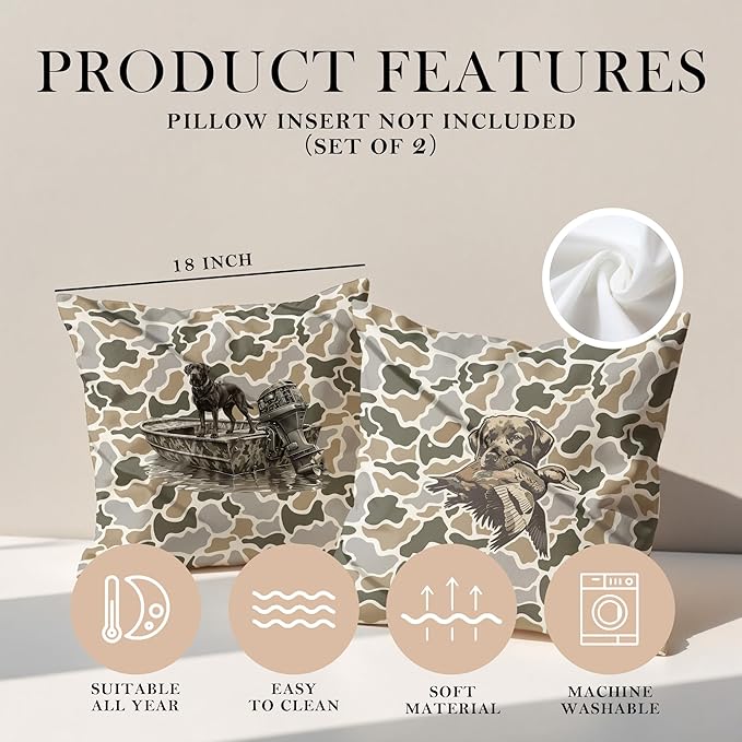 Vintage Camo Labrador Retriever Mallard Duck Throw Pillow Covers 18x18 Set of 2, Dog Hunting Pillowcase, Camouflage Farm Animal Decorative Pillow Covers,Camouflage Wild Animal Decor(83)