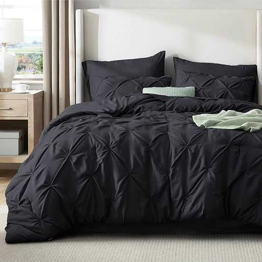 Bedsure Full Comforter Set Black - Bed in a Bag Full Size Bedding Set 7 Pieces, GentleSoftโข Pintuck Bed Set Gift for Family, Pinch Pleat All Season Comforter with Sheets, Pillowcases & Shams
