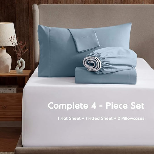 Nestl Short Queen Sheet Set - 1800 Ultra-Soft Microfiber - Double Brushed - Deep Pockets - Easy Fit - 4 Piece Set - Bed Sheets (Short Queen, Stone Blue)