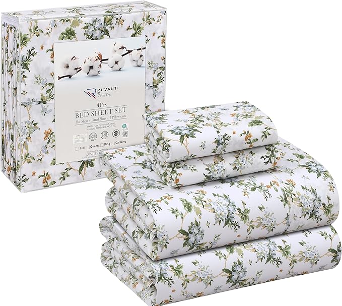 RUVANTI 100% Cotton Sheets – Queen Size Percale Bedding, Cooling & Breathable Floral Design, Durable with a Crisp, Soft & Comfortable Feel, 16" Deep Pocket, 4-Piece Set, Heritage