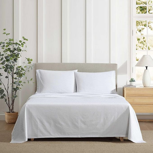 Eddie Bauer - Sheet Set, Luxurious Cotton Percale Bedding with Matching Pillowcases, Crisp & Cool, Fully Elasticized (Arden Stripe Grey, Full)